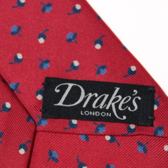 Drake's NWT Neck Tie in Red with Blue / White Mini Floral Pattern 100% Silk